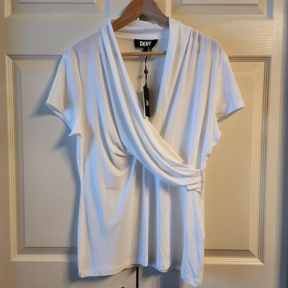 DKNY White Draped Short Sleeve Blouse